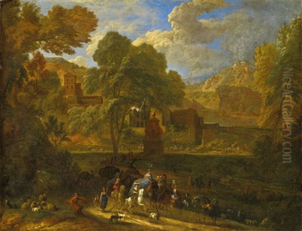 Italienische Gebirgslandschaft Mit Einer Orientalischen Reisegruppe Auf Einem Kamel Oil Painting by Pieter Bout