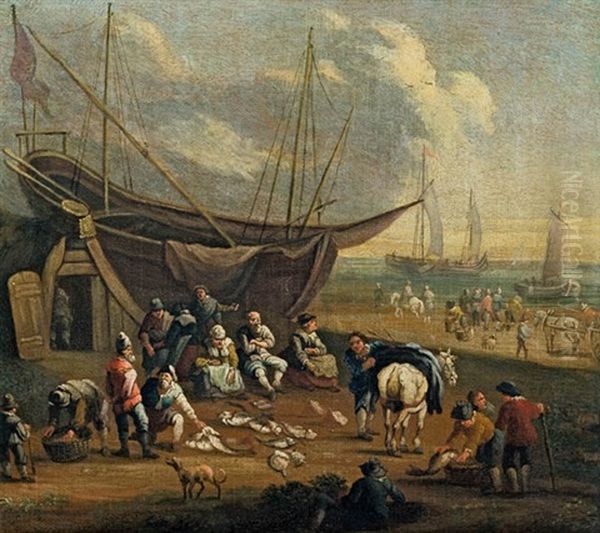 Hafenszene Mit Fischhandlern Oil Painting by Pieter Bout