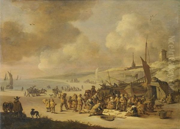 Marche Aux Poissons Sur La Plage De Scheveningen Oil Painting by Pieter Bout