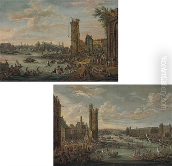 A View Of The Pont De L'isle De La Cite(+ A View Of The Tour Des Nesle; Pair) Oil Painting by Pieter Bout