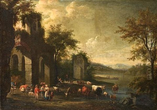 Herdsmen Watering Their Cattle And Sheep At A Stream Before Ruins Oil Painting by Pieter Bout