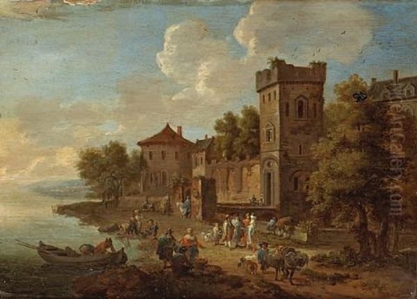 An Extensive Landscape With Numerous Figures Gathered Outside Buildings (+ A Companion River Landscape; Pair) Oil Painting by Pieter Bout