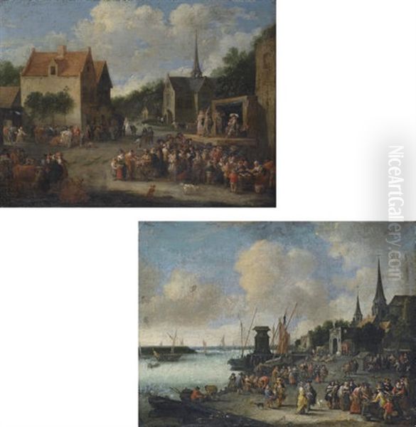 A Village Square With A Crowd Watching A Commedia Dell'arte Spectacle (+ A Capriccio View Of Antwerp; Pair) Oil Painting by Pieter Bout