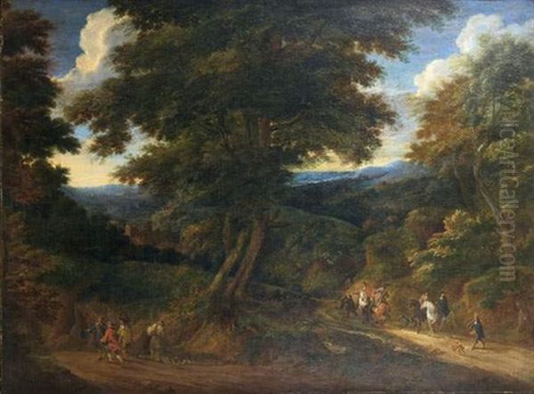 Cavaliers Sur Un Chemin Forestier (collab. W/ Adrian Boudwyns) Oil Painting by Pieter Bout