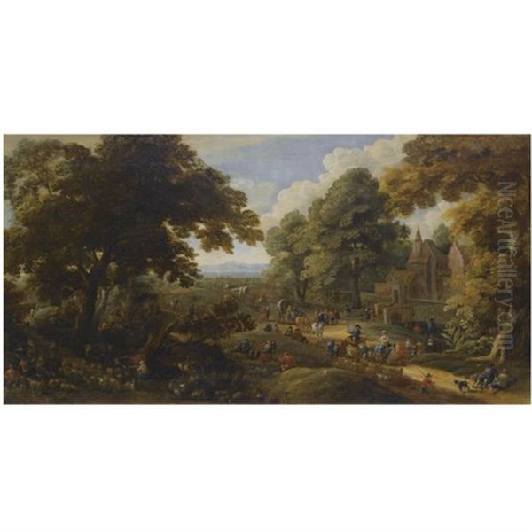 Landscape With Travellers Passing Through A Village (collab. W/ Adrien Frans Boudewijns) Oil Painting by Pieter Bout