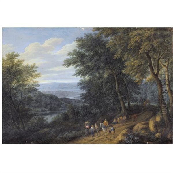 A Wooded Landscape With Figures Travelling Along A Path (collab. W/ Adriaen Frans Boudewijns) Oil Painting by Pieter Bout