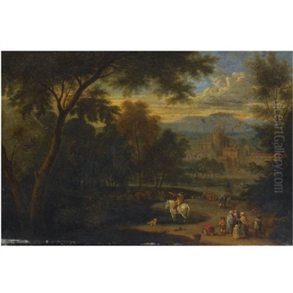 An Italianate Landscape With A Horseman And Travellers Conversing On A Path Oil Painting by Pieter Bout