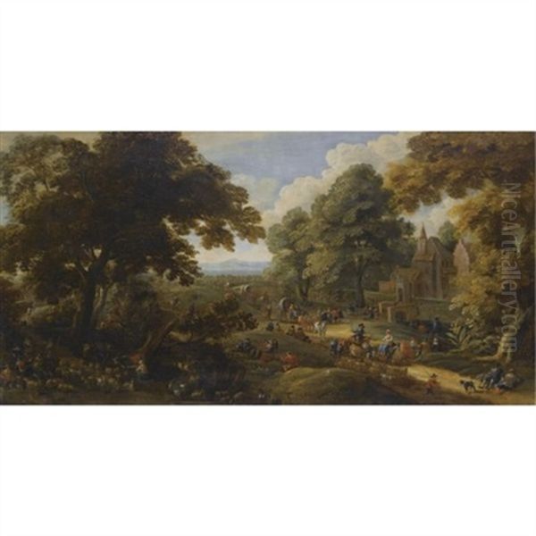 Landscape With Travellers Passing Through A Village (also Follower Of Adriaen Frans Boudewijns) Oil Painting by Pieter Bout