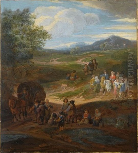 A Landscape With Travellers And Two Horsemen On A Path, A Horse-drawn Wagon And Other Travellers To The Foreground by Pieter Bout