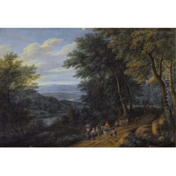 A Wooded Landscape With Figures Travelling Along A Path Oil Painting by Pieter Bout