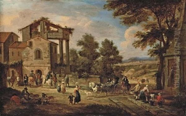 The Outskirts Of A Town With A Washerwoman, Travellers And Resting Labourers, A Landscape Beyond (collab. W/adrian Frans Boudewijns) Oil Painting by Pieter Bout