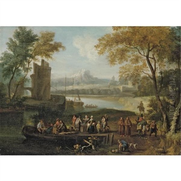 Landscape With Men Loading Cargo Onto A Ferry, Travellers And Monks Passing By Oil Painting by Pieter Bout