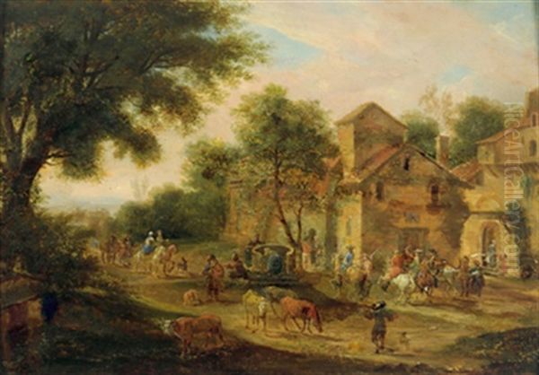 Viele Reiter Und Figuren In Einem Flandrischen Dorf Oil Painting by Pieter Bout