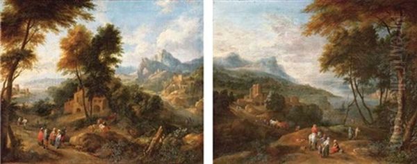 A Mountainous Wooded Landscape With Peasants (+ An Extensive River Landscape With Travellers, Both Collab. W/adriaen Frans Boudewijns; Pair) Oil Painting by Pieter Bout