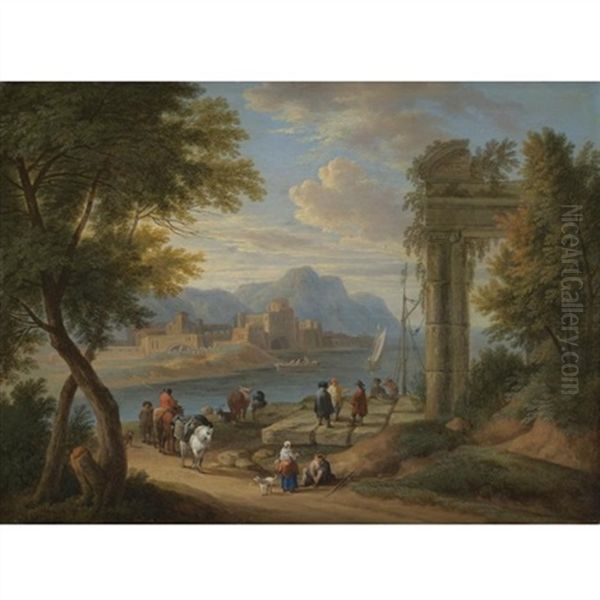 A River Estuary With Fishermen And Travellers Resting Beneath A Ruin, A Mountainous Landscape Beyond ( Collab. W/ Adriaen Fransz. Boudewijns) Oil Painting by Pieter Bout