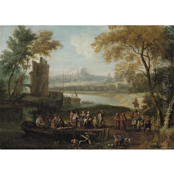 Landscape With Men Loading Cargo Onto A Ferry, Travellers And Monks Passing By Oil Painting by Pieter Bout