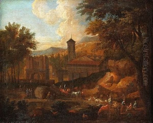 Scene Pastorale Aux Abords D'un Village (collab. W/adriaen Frans Boudewyns) Oil Painting by Pieter Bout