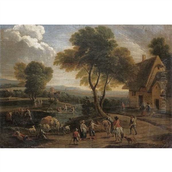 A River Landscape With Figures And Cavaliers In The Forground Before A Cottage Oil Painting by Pieter Bout