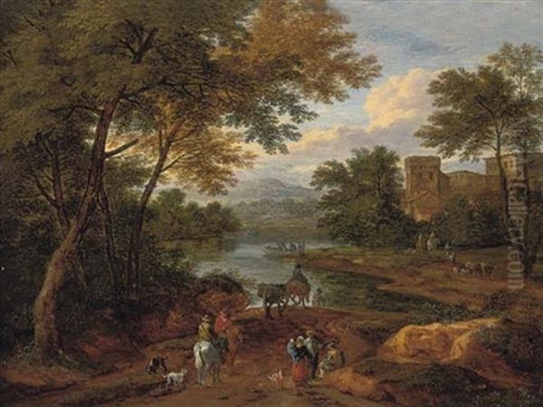 A Wooded River Landscape With Travellers On A Track, A House Beyond (in Collab. W/adriaen Franz Boudewyns) Oil Painting by Pieter Bout