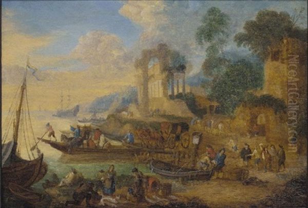 A River Landscape With Fishermen Landing Their Catch And Travellers On A Road Before A Classical Ruin Oil Painting by Pieter Bout