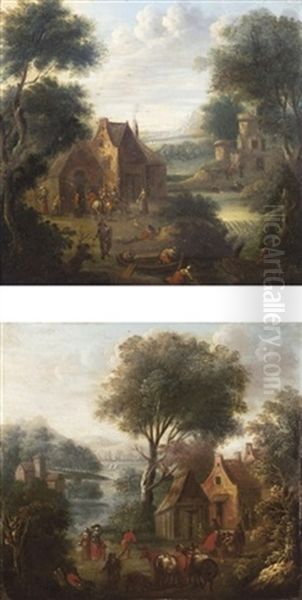 River Landscapes With Peasants And Their Animals Before Cottages (pair) Oil Painting by Pieter Bout