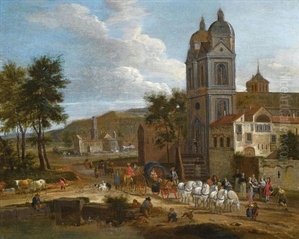 A Landscape With A Cart Drawn By Six White Horses Leaving A Town, A Fisherman And A Drover By A Pond (collab. W/adriaen Fransz Boudewijns) Oil Painting by Pieter Bout