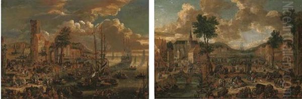 A Port With Dutch Three-masters, A Fortified Town Beyond (+ A River Landscape With Villagers, A Church Beyond; Pair) Oil Painting by Pieter Bout