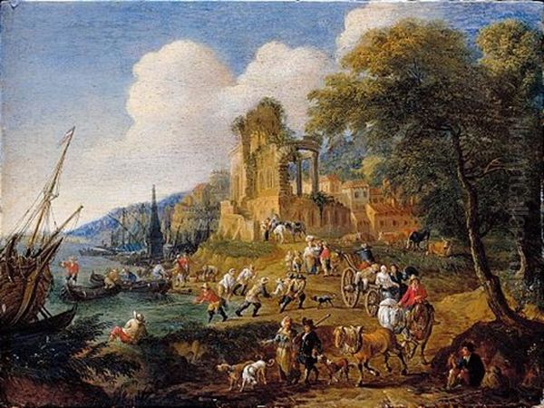 Fishermen Landing Their Catch, With Travellers On A Road Before A Classical Ruin And A Town Oil Painting by Pieter Bout