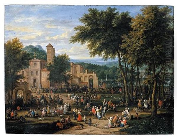 Landscape With A Village Festival, With Numerous Figures Dancing And Feasting Near A Church, A River Beyond (collab. W/adriaen Frans Boudewijns) Oil Painting by Pieter Bout