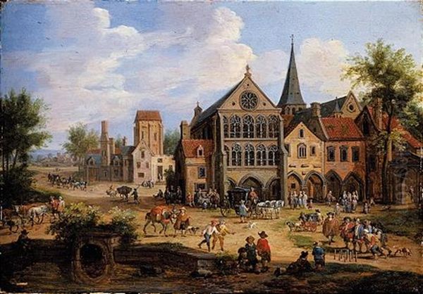 A Crowded Town Scene With Peasants Playing Skittles In Front Of A Church Oil Painting by Pieter Bout