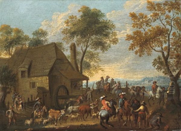 Reiter Und Hirten Mit Herde Vor Einer Wassermuhle Oil Painting by Pieter Bout