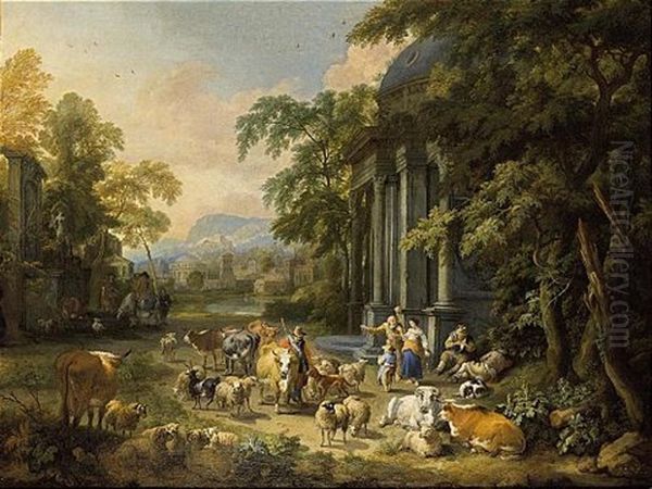 A Classical Wooded Landscape With Herdsmen Tending Their Cattle Near A Roman Temple, A City Beyond Oil Painting by Pieter Bout