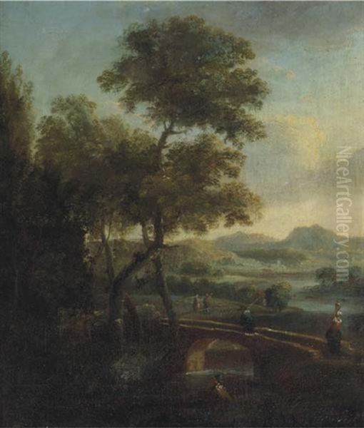 A River Landscape With Figures On A Bridge Oil Painting by Pieter Bout