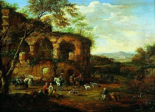 Ruines Antiques Animees De Cavaliers Et De Personnages (in Collab. With Adraen-frans Boudewyns) Oil Painting by Pieter Bout