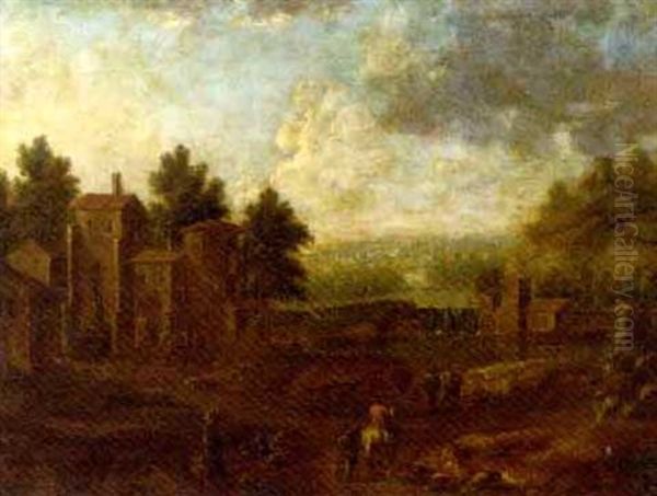 A River Landscape With Figures On A Track, A Village Beyond (attributed To Pieter Bout And Adriaen Frans Boudewijns) Oil Painting by Pieter Bout