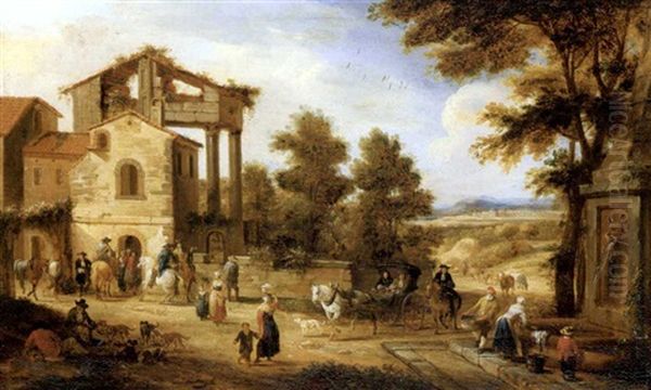 The Outskirts Of A Town With A Washerwoman, Travellers And Resting Labourers, A Landscape Beyond (collab. With Adrian Frans Boudewijns) Oil Painting by Pieter Bout