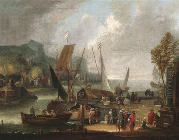 Segelschiffe An Der Kaimauer Einer Sudlandischen Hafenstadt Oil Painting by Pieter Bout