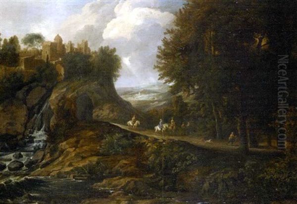 Paysage Montagneux Avec Cavaliers Et Villageois Sur Un Chemin Forestier (collab. W/adrian Bout Dewyns, Attr.) Oil Painting by Pieter Bout