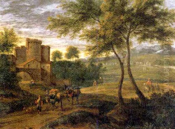 A Landscape With Travellers By The Gates Of A Castle (in Collab. W/adriaen Franz Boudewyns) Oil Painting by Pieter Bout