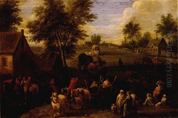 Landscape With Waggoners And Other Figures Gathered On The Outskirts Of A Village Oil Painting by Pieter Bout