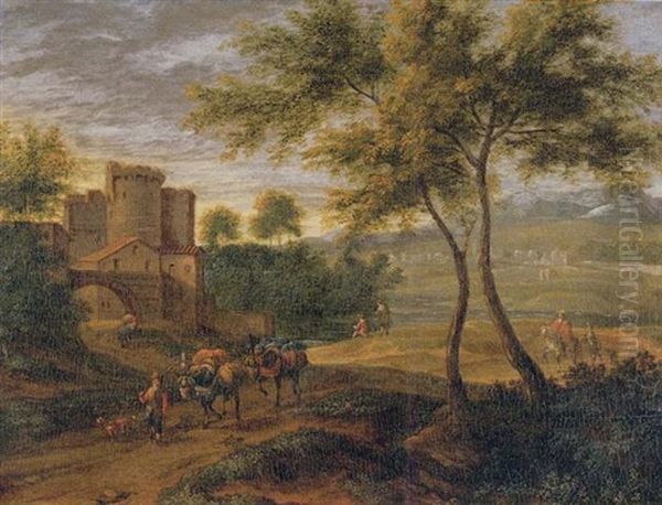 A Landscape With Travellers By The Gates Of A Castle Oil Painting by Pieter Bout