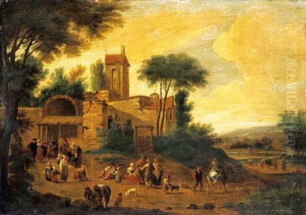 An Italianate Landscape With Figures Before A Church Oil Painting by Pieter Bout