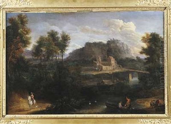 Cavalier Et Pecheurs Dans Un Paysage De Riviere Oil Painting by Pieter Bout