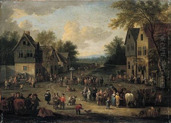 A Crowded Village Scene With Numerous Villagers And Animals Oil Painting by Pieter Bout