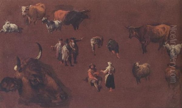 Studies Of Cattle And Figures Oil Painting by Pieter Bout