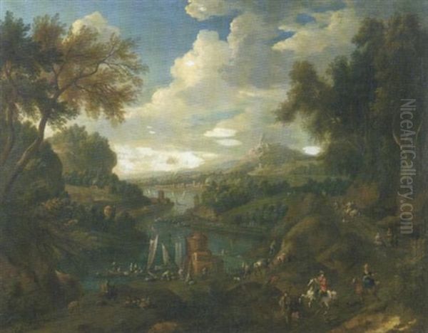 Paysage Fluvial Anime De Nombreux Personnages Et Barques Oil Painting by Pieter Bout