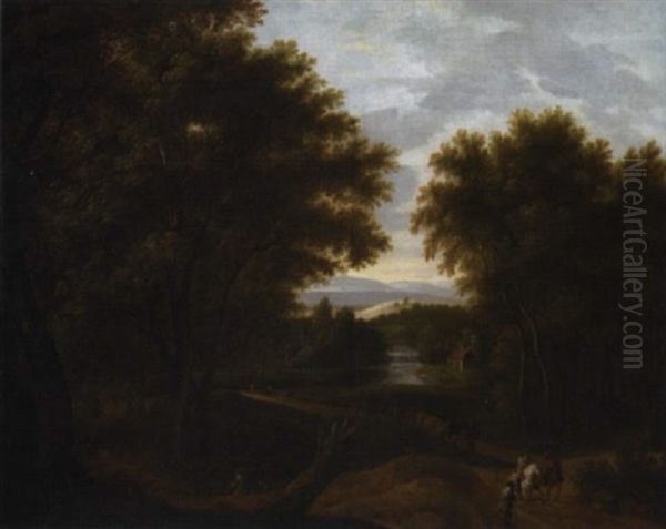 A Wooded River Landscape With Travellers, Herdsmen And Cattle On A Path Oil Painting by Pieter Bout