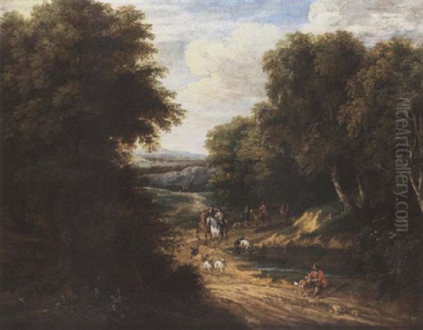 A Wooded Landscape With A Hunting Party And Dogs On A Path By A Pond Oil Painting by Pieter Bout