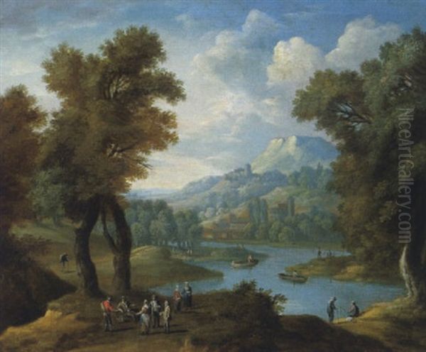 Bewaldete Fluslandschaft Mit Figuren Und Booten Oil Painting by Pieter Bout