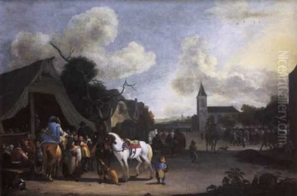 A Village Street With Horsemen Taking Refreshment Oil Painting by Pieter Bout